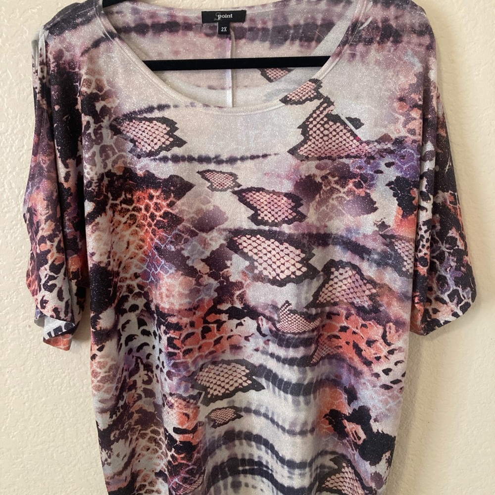 Pink and Purple Graphic 3/4 Sleeve Blouse metallic cold shoulder